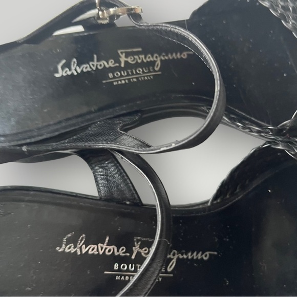 Ferragamo Classic Slingback Sandals Woven Leather Top Black Leather Shoes 8B - Picture 11 of 14